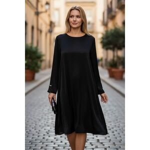 Eileen Fisher Size XL Black Velvet Silk Viscose Crew Neck Knee‎ Length Dress NWT